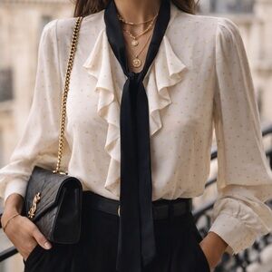 Zara Basic Sheer Tie-Neck Ruffle Blouse Parisian-Inspired Elegance Size Small